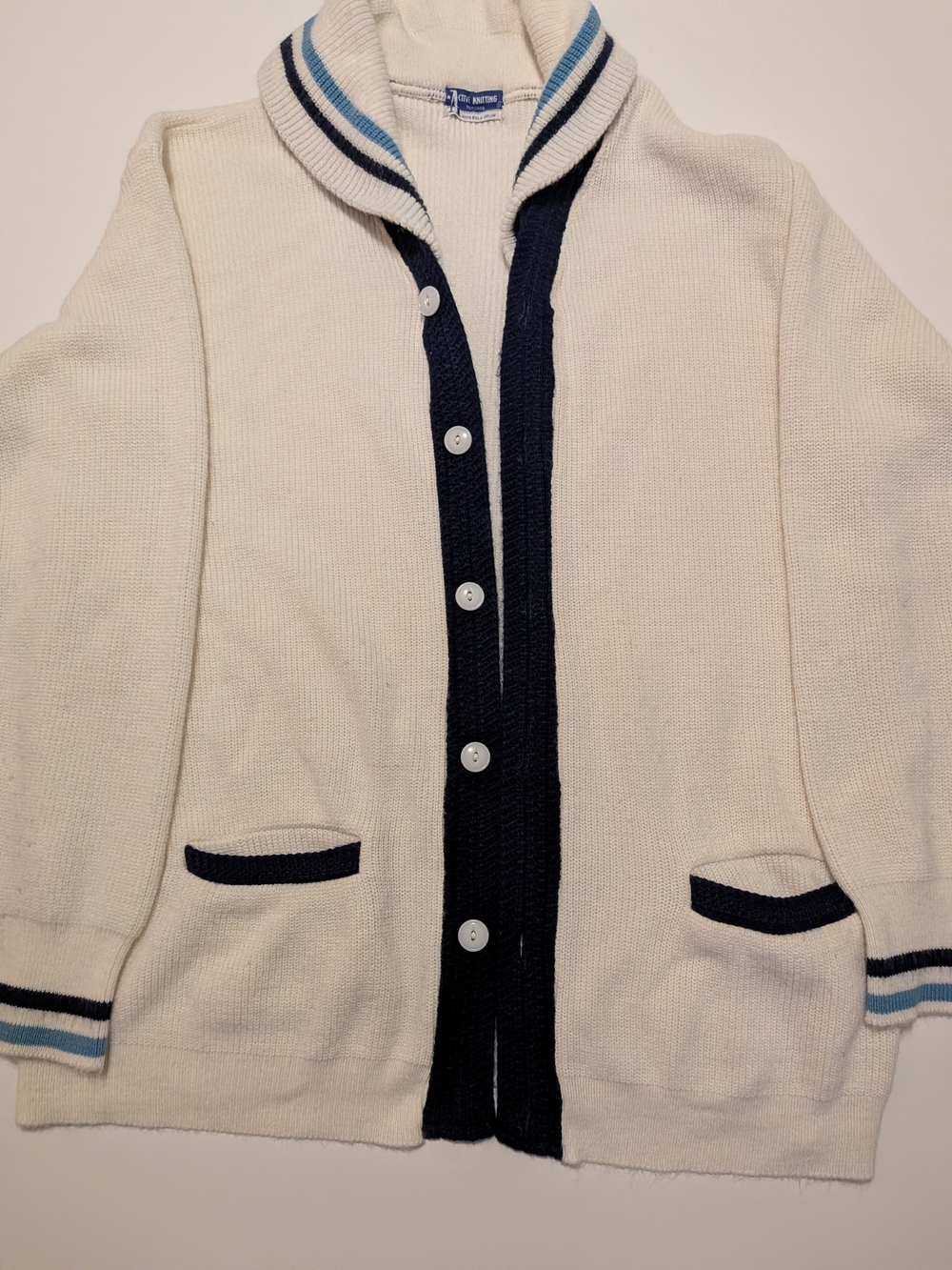 Men's Cream Shawl Collar Cardigan with Navy Trim